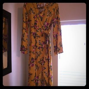 Mustard yellow floral wrap dress